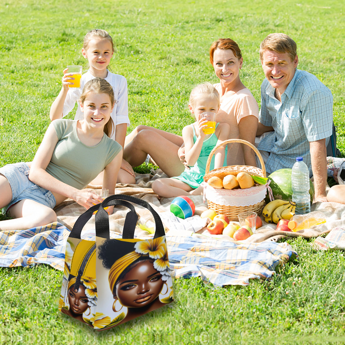 a group of people sitting on top of a grass covered field 