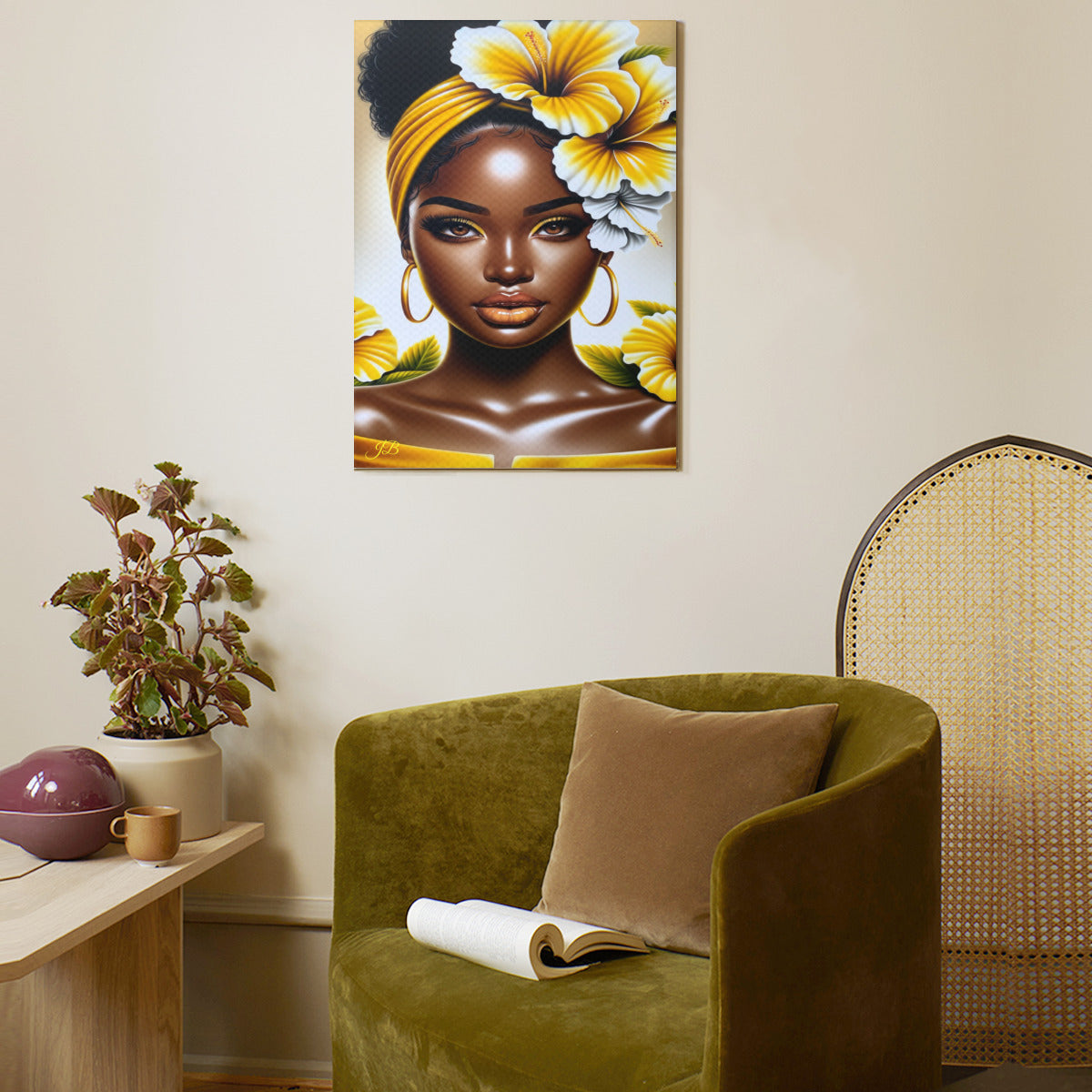 a woman sitting on a couch in a living room 