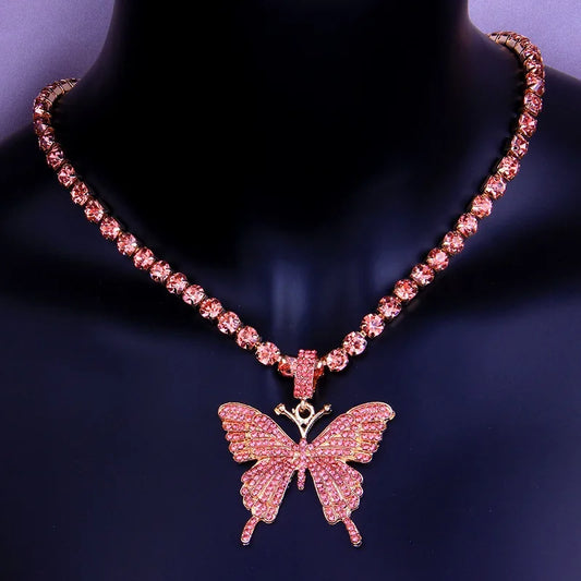 2021 Men and Women Best Gift Hip Hop Style Gold Plated Bling Bling Rhinestone Cuban Link Tennis Chain Butterfly Necklace | Pretty N Pink Hair & More
