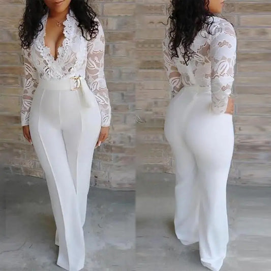 Women's trousers pants one piece jumpsuits spring summer European and American lace white rompers jumpsuit plus size pants | Pretty N Pink Hair & More