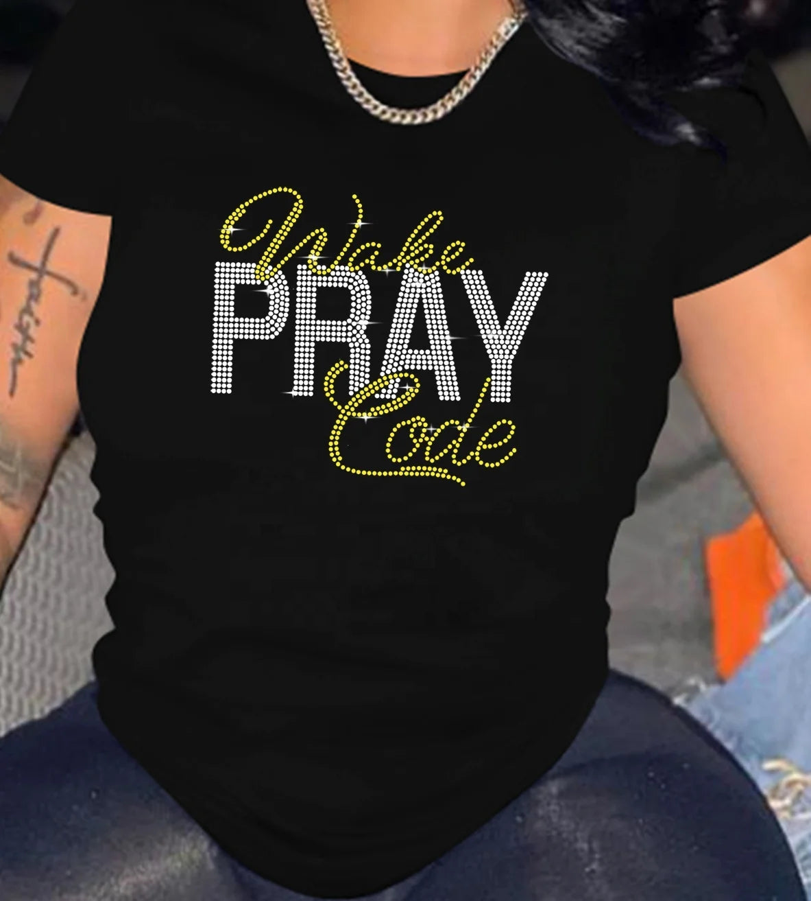 KX-TZ02  2022 New arrival screen printing graphic t shirt rhinestone round neck tee plus size women's t-shirts | Pretty N Pink Hair & More