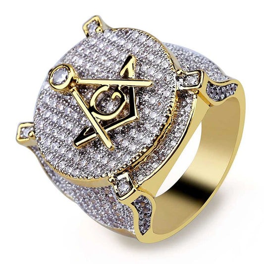 Fashion Hip Hop Gold Color Masonic Ring Men'S Personalized AG Full Cubic Zirconia Ring Europe Wholesale Brand Luxury Men Jewelry | Pretty N Pink Hair & More