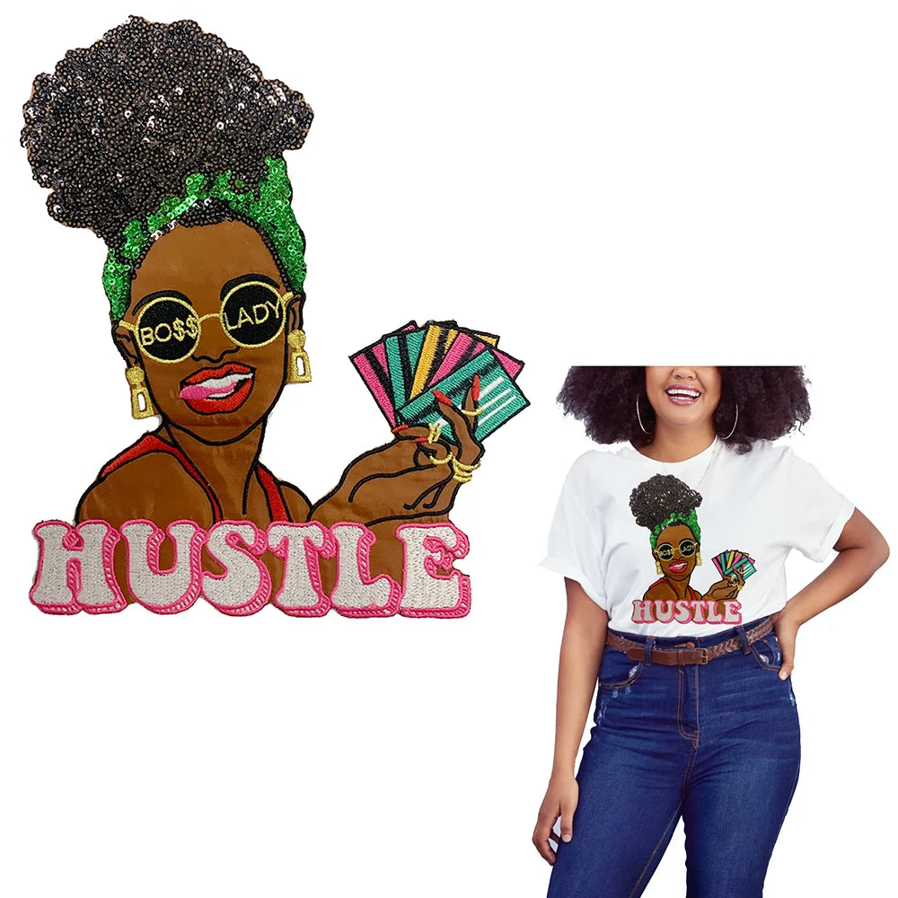 Newest Product Fashion Custom Hustle Women Design Embroidered Afro Girl Applique Clothes Accessories Iron On Sequins Patches | Pretty N Pink Hair & More