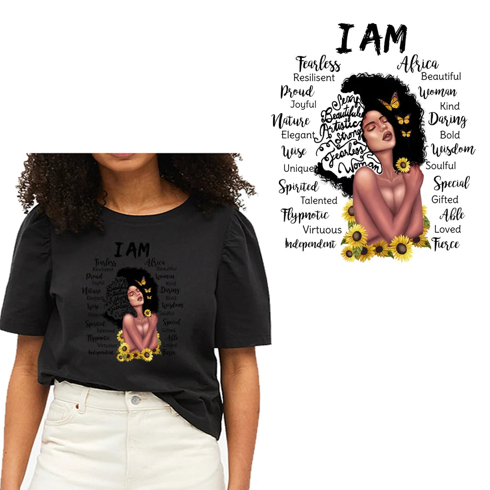 Dropshipping New Iron on Heat Transfer Printing Stickers Afro Africa Melanin Women Girl Black Queen for T-shirt Hoodies | Pretty N Pink Hair & More